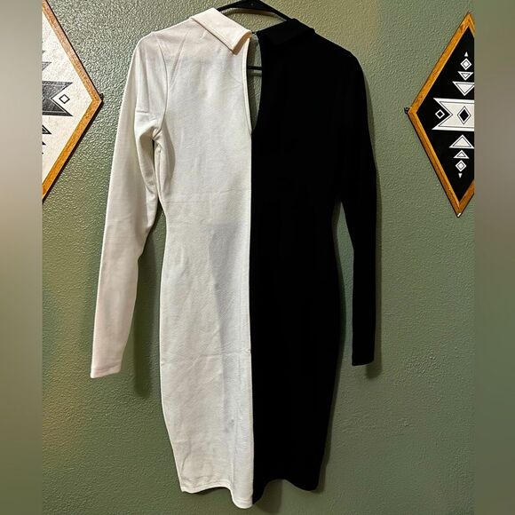 Almost Famous Juniors Black White Colorblock Bodycon Dress Gold Buttons Size M - Picture 4 of 4